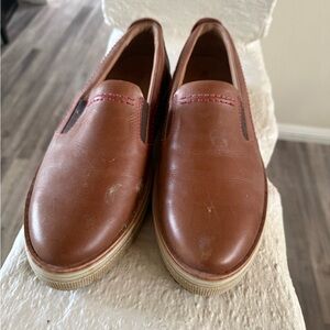 Lucchese Brown Leather Slip-On Loafers with Red Stitching
